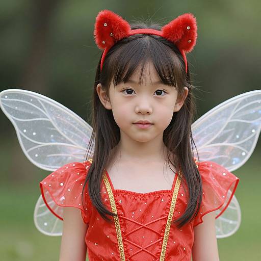Photograph of an Asian girl with long black hair, wearing red cat ears, a red dress with gold trim, and translucent fairy wings, standing in