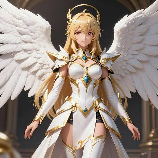 Digital anime-style drawing of a blonde, angelic woman with white wings, golden crown, and white armor with gold and blue accents.