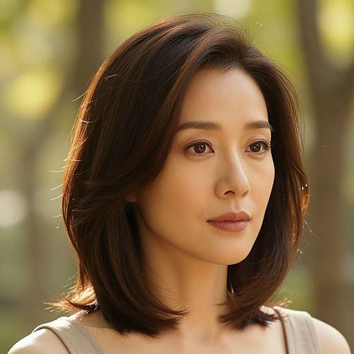 Photograph of an East Asian woman with shoulder-length, dark brown hair, wearing a light gray top, standing in a sunlit forest.