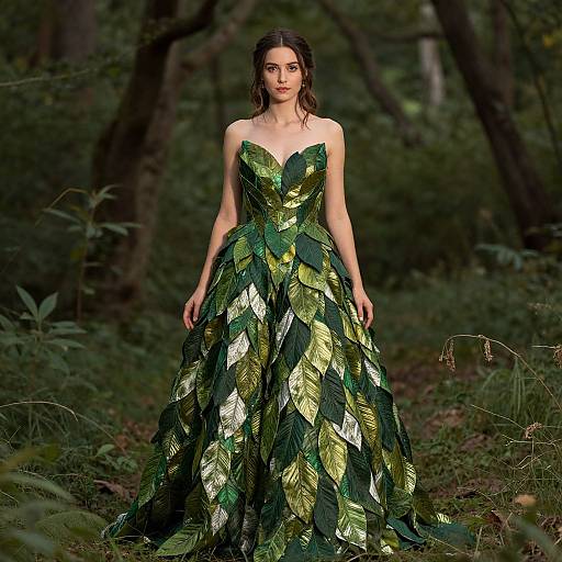 Photograph of a woman in a strapless, leaf-patterned green and gold gown standing in a dark, forested background.