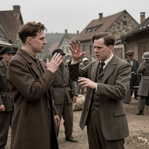 Photograph of two men in WWII-era military uniforms, one raising his hand, the other gesturing, in a muddy, rustic village.