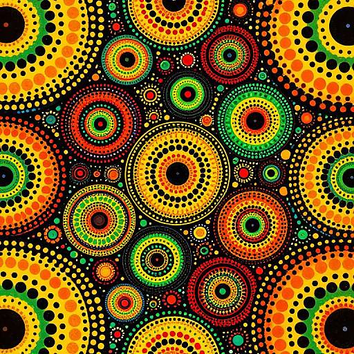 Vibrant digital abstract artwork featuring colorful, overlapping circles with dotted patterns in black, yellow, orange, red, green, and blue on a black