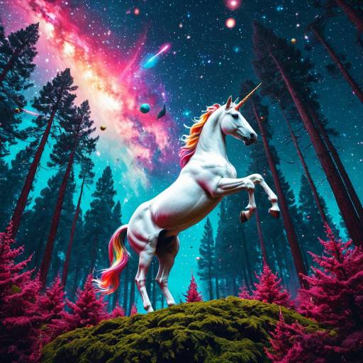 Unicorn in Surreal Galactic Forest