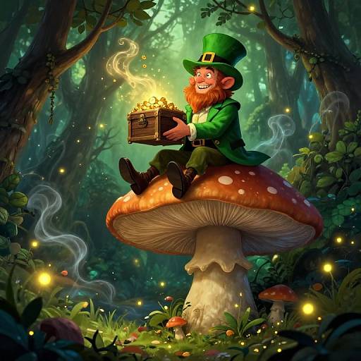Illustration of a cheerful leprechaun with a green hat and beard, sitting on a giant mushroom, holding a glowing chest amidst a magical forest