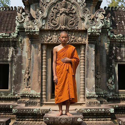 Buddhist Monk Amid Ancient Temple Ruins