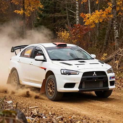 Photograph of a white Subaru Impreza rally car speeding through a dusty, autumn forest, kicking up dirt and surrounded by vibrant orange and yellow leaves