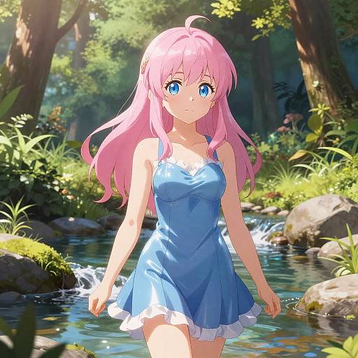 Anime-style digital illustration of a pink-haired girl with blue eyes, wearing a blue sundress, walking through a sunny forest stream.