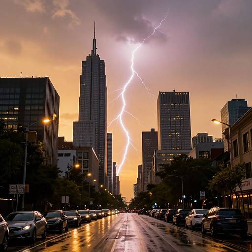 Lightning Strike Over Sunset Cityscape