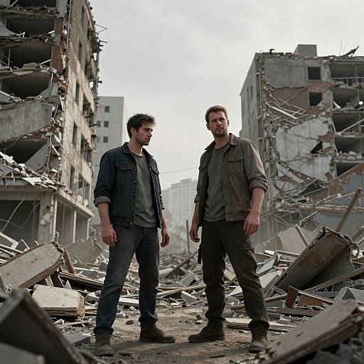 Photograph of two men in denim shirts and jeans standing amidst rubble of a dilapidated, war-torn urban building. Both have short dark hair