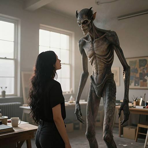Photorealistic CGI of a tall, skeletal demon with horns and smoke, standing in a sunlit, cluttered art studio facing a frightened woman with