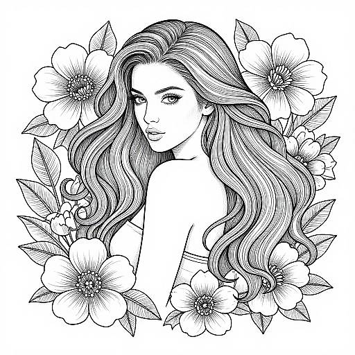 Black and white line drawing of a beautiful woman with long, wavy hair surrounded by large, detailed flowers, showcasing intricate textures and floral patterns.