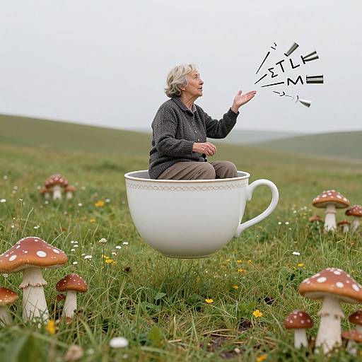 Photograph: Elderly woman with white hair and gray sweater, sitting inside giant white teacup, pointing at mushrooms in grassy field.