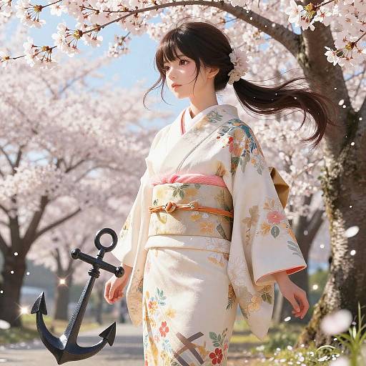 Photograph of a Japanese woman in a floral kimono with a pink obi, standing under cherry blossom trees, holding an anchor, sunlight filtering through