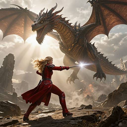 Epic fantasy scene: Blonde warrior in red armor stands, sword glowing, facing massive, winged dragon under bright sun in rocky landscape.