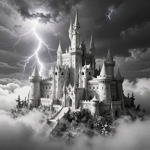 Monochromatic digital art of a majestic, lightning-struck castle surrounded by clouds, with tall spires and intricate architecture. Dramatic sky contrasts with