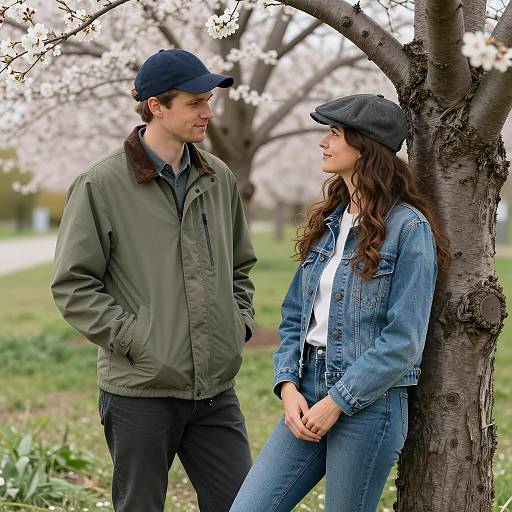 Couple Embracing Nature Under Blossoming Trees