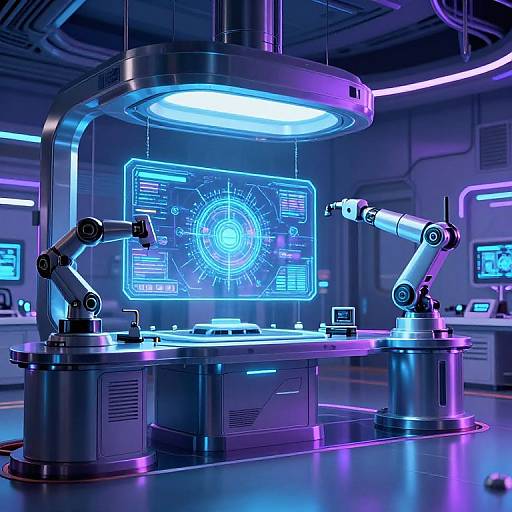 High-tech laboratory with glowing blue holographic display, robotic arms, and futuristic equipment in a neon-lit, metallic room. Sci-fi CGI.