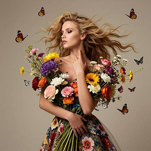 Photograph of a blonde woman with flowing hair, wearing a floral dress, holding a vibrant bouquet of flowers, surrounded by floating butterflies against a neutral background