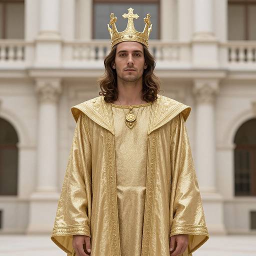 Photograph of a long-haired, fair-skinned man wearing a gold crown and ornate, gold robe, standing in front of a grand, white