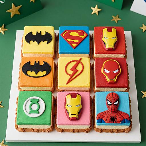 Photograph of a cake with nine square fondant-covered cookies, each featuring a different superhero logo: Batman, Superman, Iron Man, Captain America,