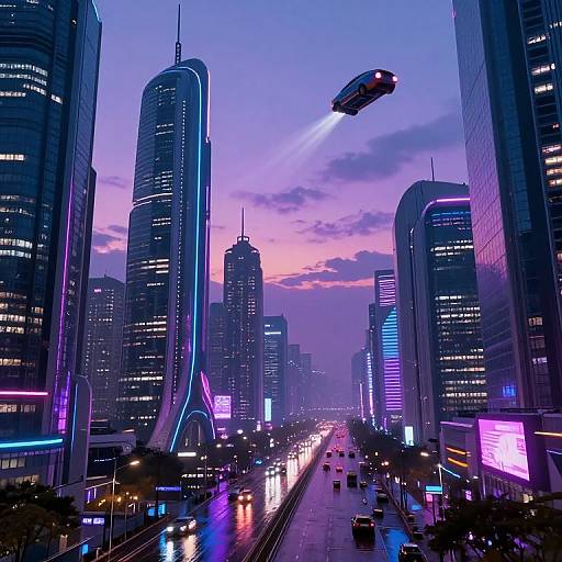Neon-lit futuristic cityscape at dusk, featuring towering skyscrapers, a flying car, vibrant purple and pink sky, and illuminated streets.