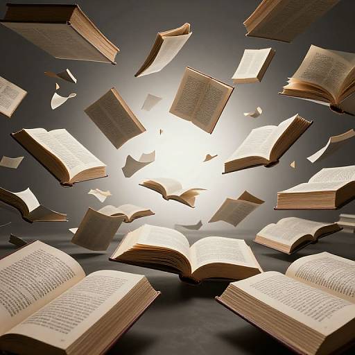 Photograph of open books floating in mid-air around a bright, glowing light in the center, against a dark gradient background.