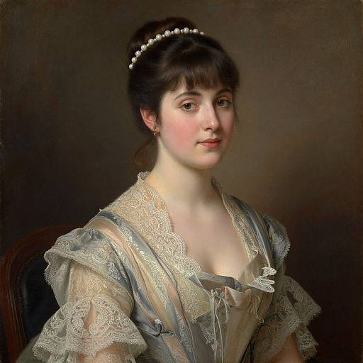 Photorealistic portrait of a young Caucasian woman with fair skin, dark brown hair in a bun, wearing a lace-trimmed, Victorian-style dress