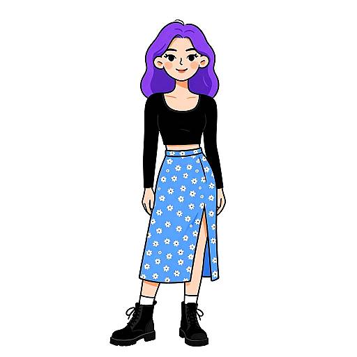 Digital drawing of a woman with purple hair, black long-sleeve top, blue floral skirt with thigh slit, and black boots.