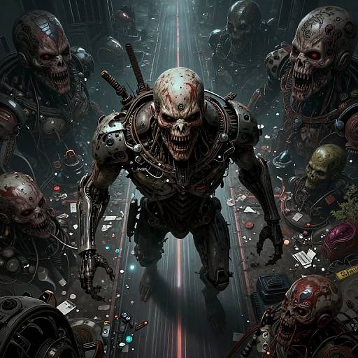 Digital artwork of a cybernetic skull-headed monster with glowing red eyes, surrounded by robotic skulls, in a neon-lit, sci-fi corridor.