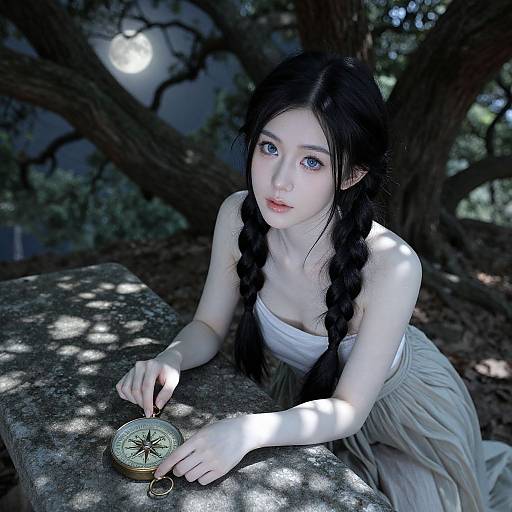 Photograph of a pale-skinned, blue-eyed Asian woman with long black braids, wearing a white strapless top and beige skirt, holding a