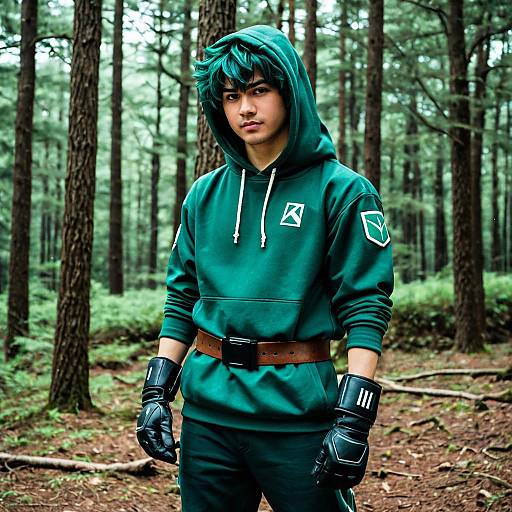 Young Man in Green Hoodie in Forest