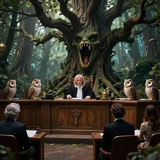 Photograph of a man in a black suit with white hair, standing at a wooden altar flanked by two owls, with a large, menacing