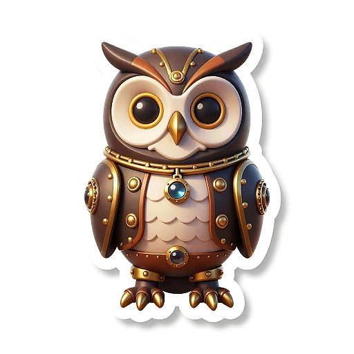 Digital illustration of a cute, anthropomorphic owl with large, round eyes, wearing a brown and gold armored outfit with blue gemstones.