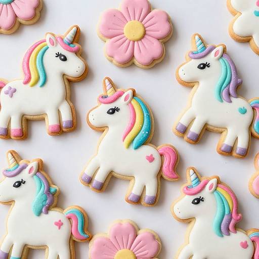 Colorful unicorn-shaped cookies with pink, blue, yellow, and green icing, adorned with stars and flowers, on a white background.