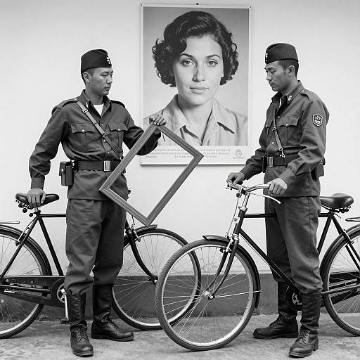 Two Soldiers with Bicycles and Wooden Frame