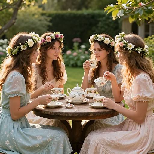 Three women with floral crowns, dressed in delicate pastel dresses, sit at a wooden table, enjoying tea in a sunlit garden.