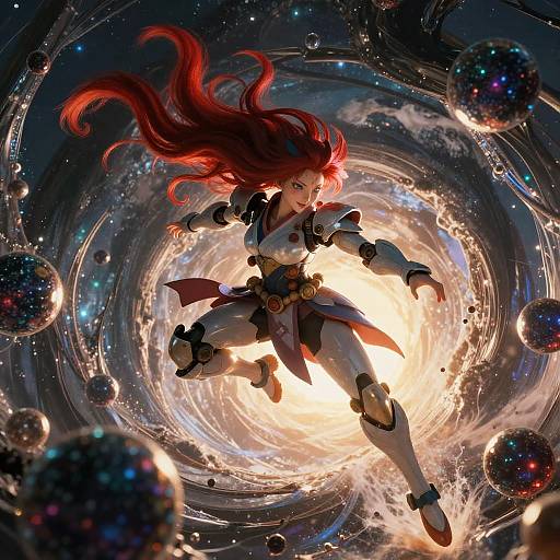 Dynamic digital artwork of a red-haired, armored warrior with glowing eyes, surrounded by swirling cosmic energy and floating asteroids.