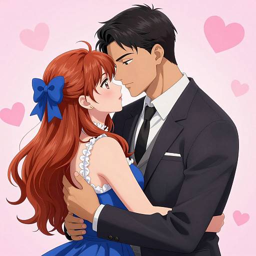 Digital anime-style drawing of a red-haired woman in a blue dress and blue bow, kissing a black-haired man in a black suit. Pink hearts background