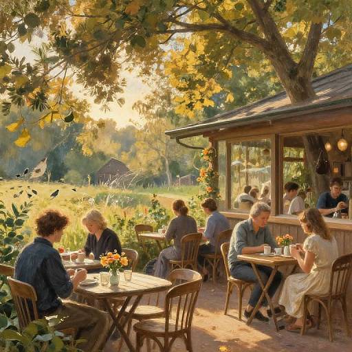 Sunlit outdoor café with wooden tables, people chatting, autumn leaves, and a rustic shed. Warm golden light filters through trees.