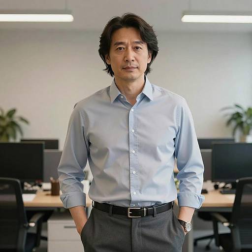 Photograph of a middle-aged Asian man with shoulder-length black hair, wearing a light blue button-up shirt and dark gray pants, standing confidently in a
