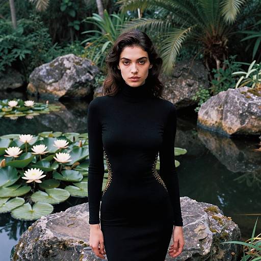 Photograph of a serious woman with dark wavy hair in a black long-sleeve dress, standing in a lush, rocky garden pond with white