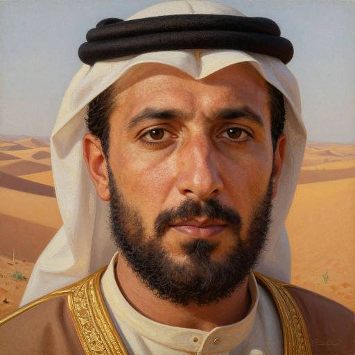 Photorealistic portrait of a bearded Middle Eastern man with dark eyes, black hair, white and black headwrap, golden-trimmed robe,
