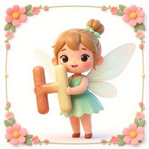 Cute chibi-style fairy with brown hair bun, green dress, and translucent wings, holding a large, textured bread loaf, surrounded by pink flowers
