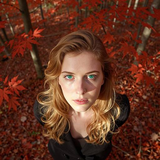 Photograph of a fair-skinned woman with striking blue eyes and wavy blonde hair, wearing a black top, standing in a forest of vibrant red