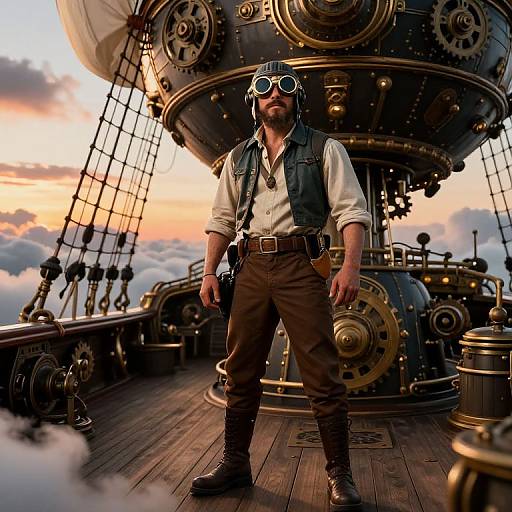 Steampunk captain in goggles, white shirt, brown vest, and pants stands on a steam-powered airship at sunset, with clouds below.