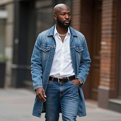 Photograph of a tall, bald Black man with a beard, wearing a white button-up shirt, blue denim long coat, and jeans, standing confidently