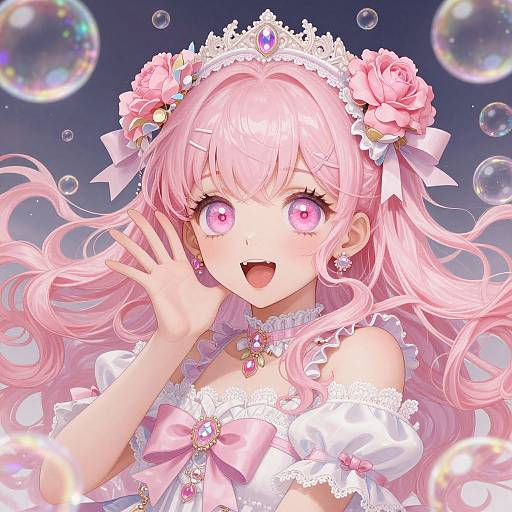 Anime-style digital drawing of a pink-haired girl with large pink eyes, wearing a frilled white dress, tiara with roses, and jewels, surrounded