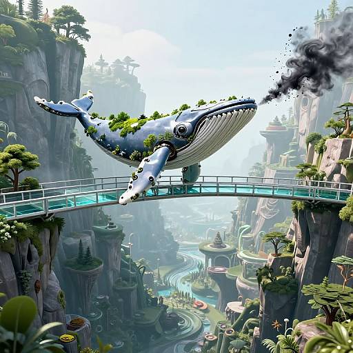 Digital art of a giant, white whale with greenery on its body flying on a glass bridge above a lush, futuristic canyon landscape with smoke. Vibr