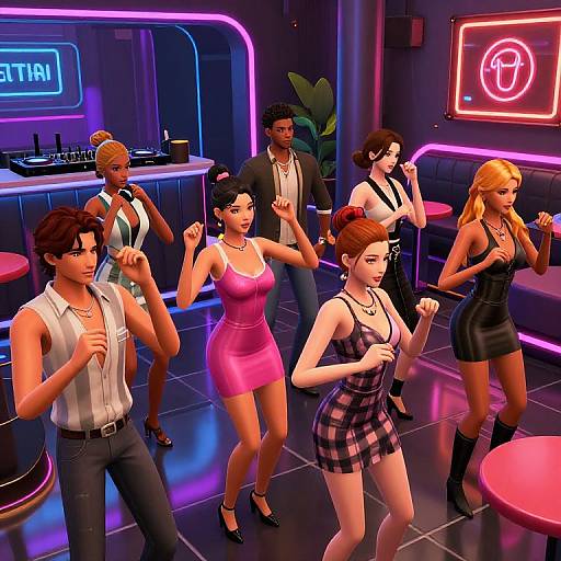 Digital art of a neon-lit bar with six stylish, animated characters dancing in vibrant outfits, featuring neon signs, bar, and round tables.