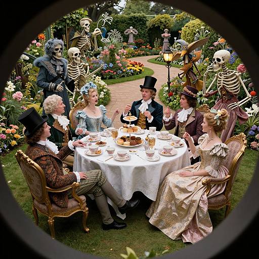 Photograph of Victorian-era family having tea outdoors with skeleton decorations, surrounded by colorful garden, viewed through circular lens.